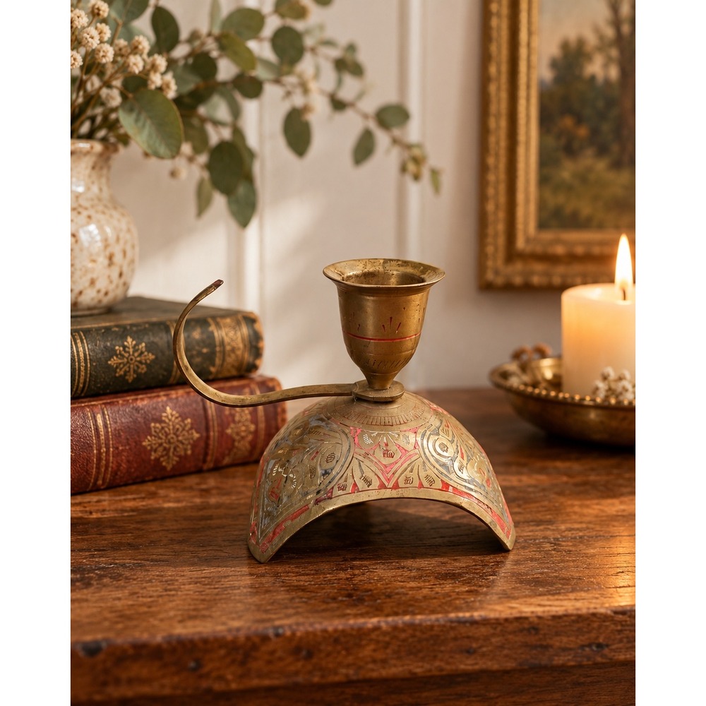 Vintage Brass Candle Holder – Ornate Etched Metal | Boho & Dark Academia Decor